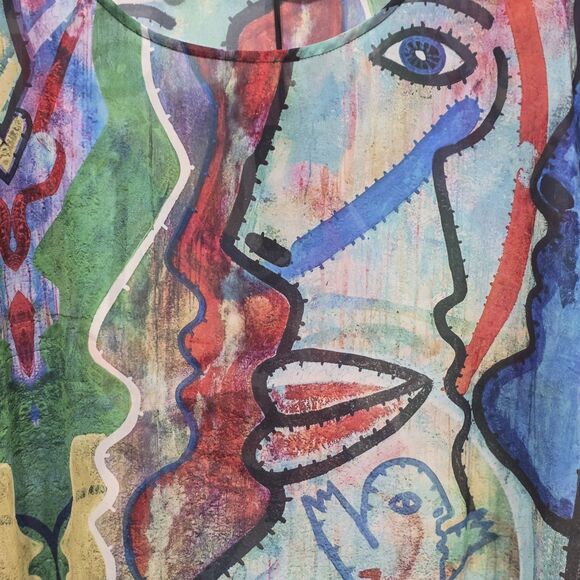 New! Radzoli Abstract Artsy Face Sheer Layering Top Shark Bite Hem Boho, M - Picture 5 of 7